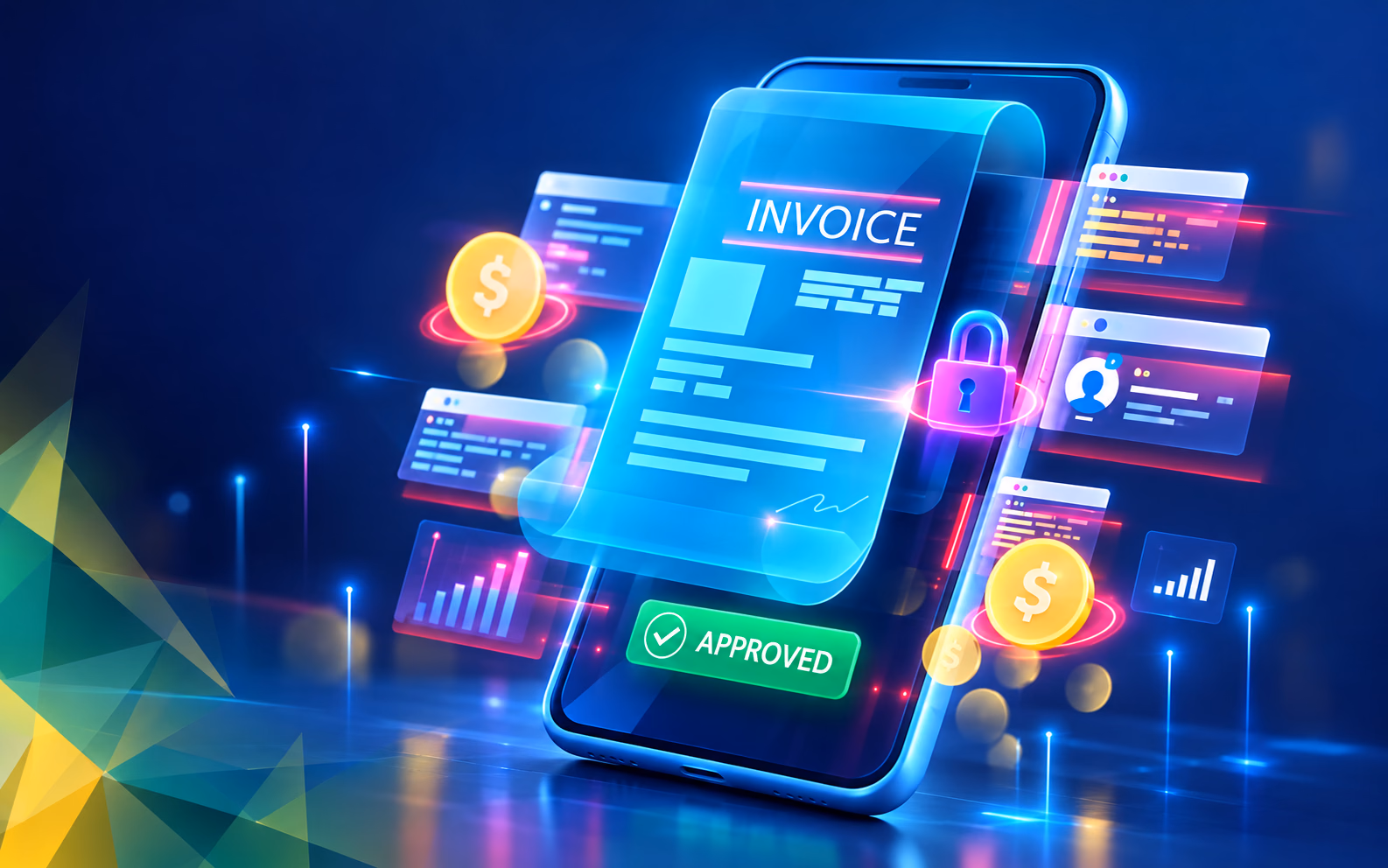Illustrative digital invoice and accounting data displayed on a device