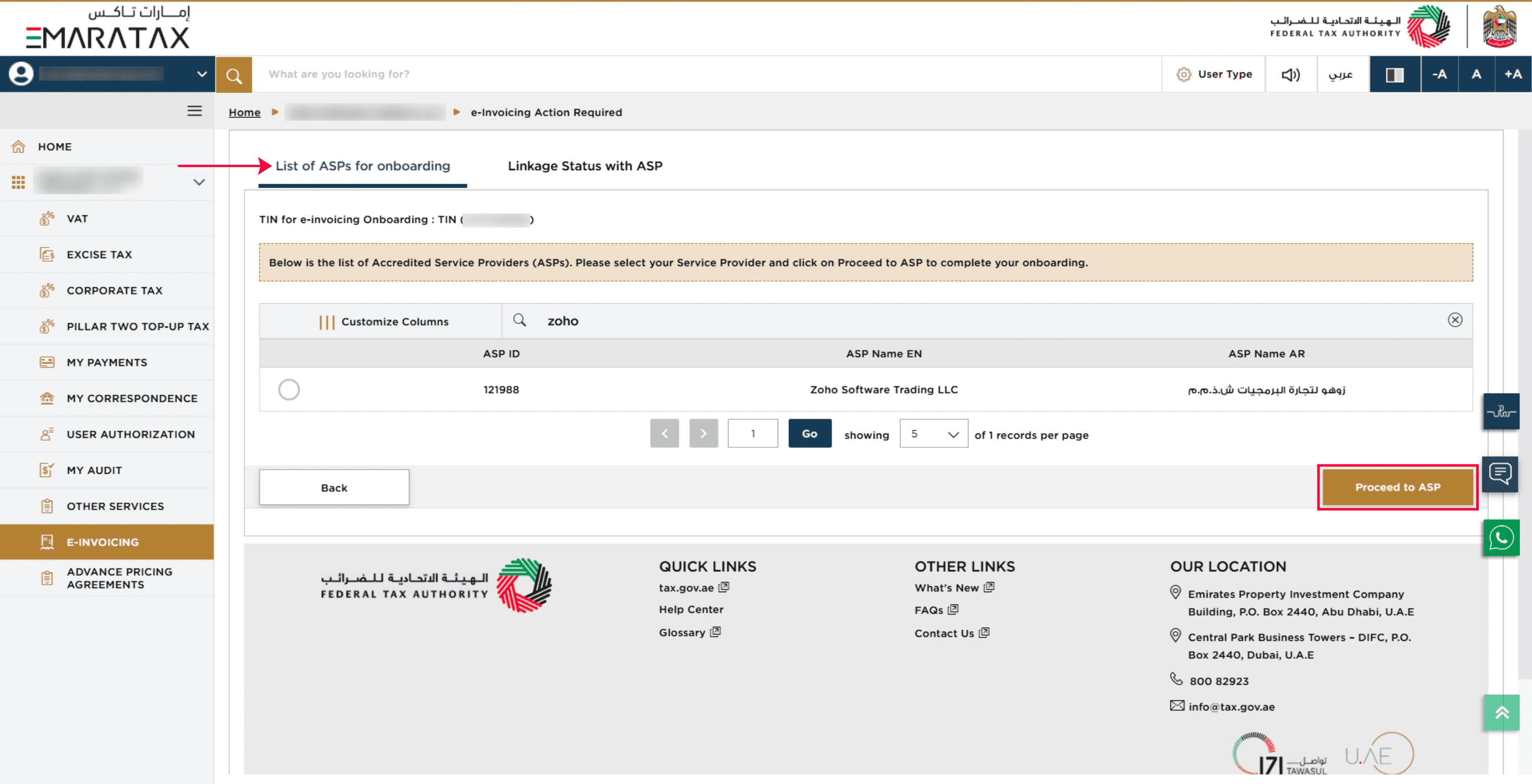 Select Zoho Software Trading LLC as the ASP in EmaraTax