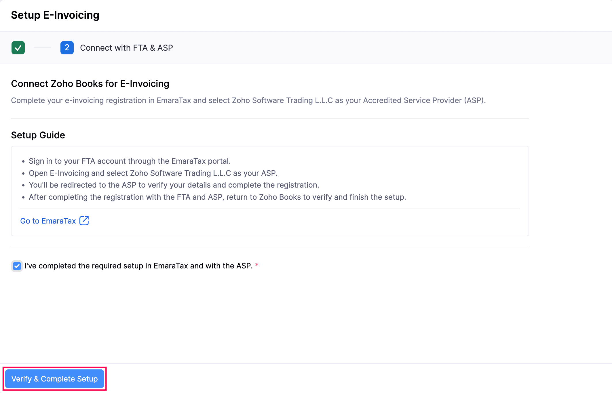 Verify and Complete Setup button for UAE e-invoicing in Zoho Books