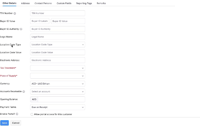 Zoho Books buyer identity and electronic address fields