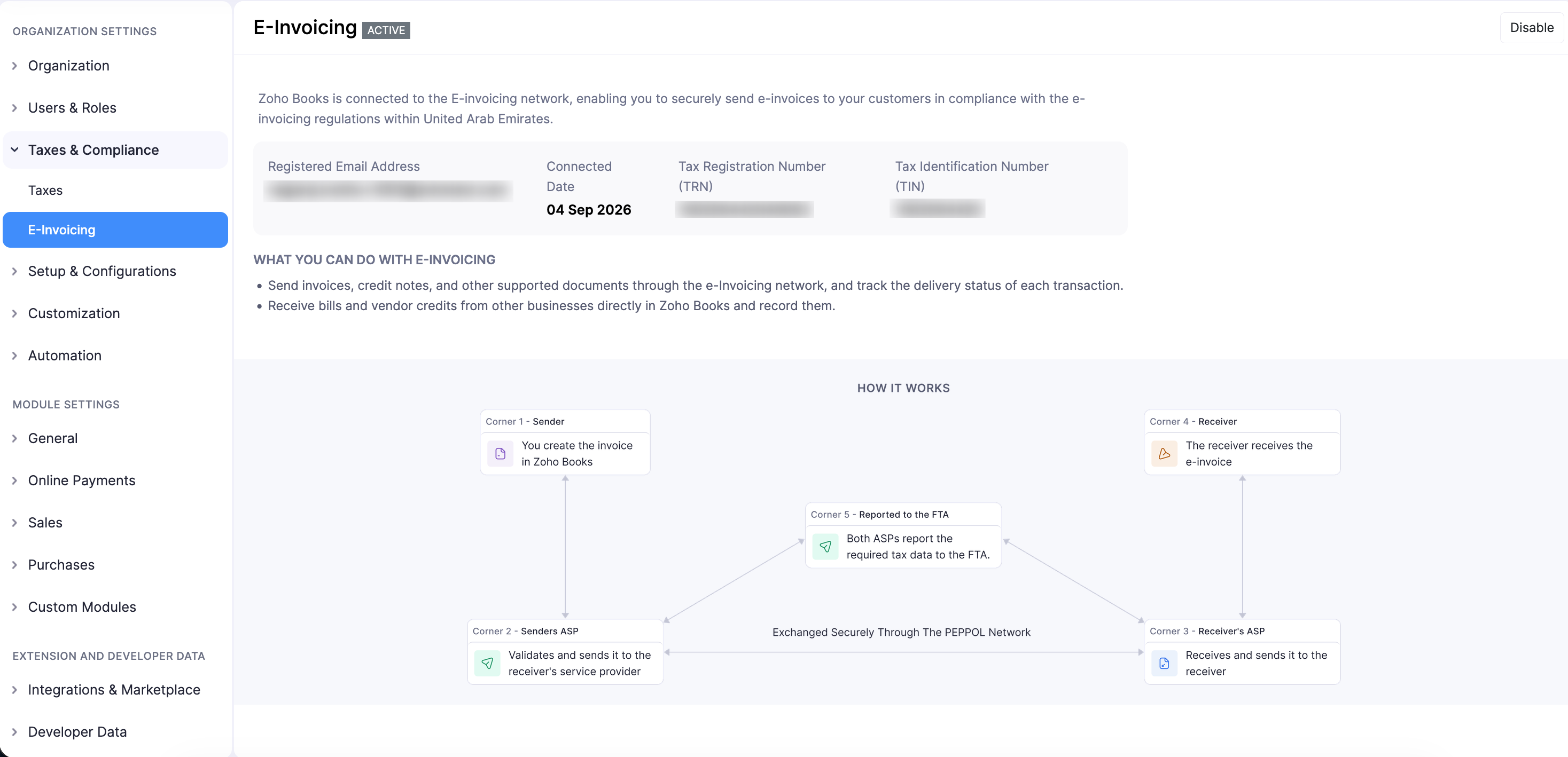 Active UAE e-invoicing connection in Zoho Books