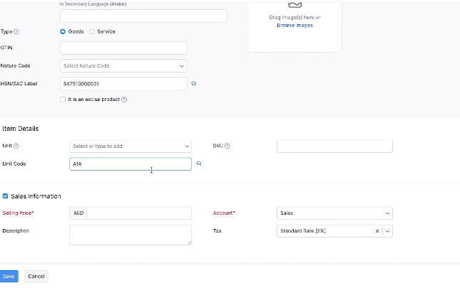Zoho Books item fields for HSN or SAC classification and unit codes