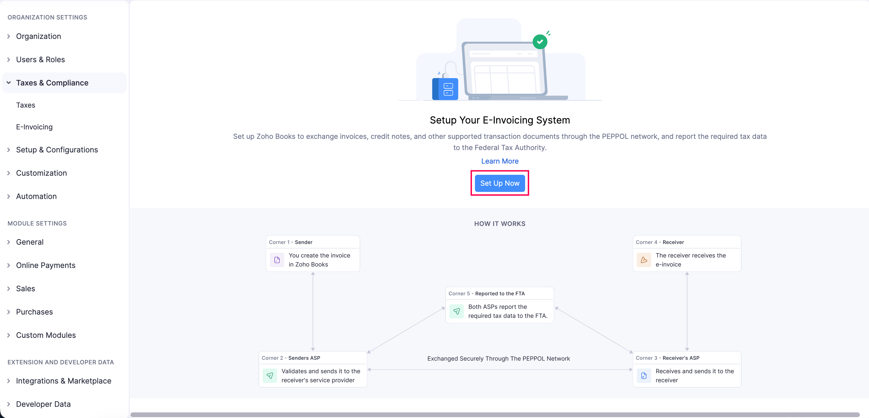 Zoho Books UAE e-invoicing setup screen