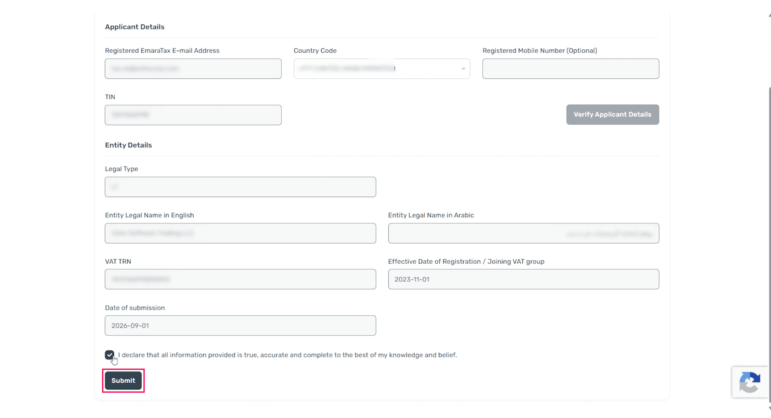 Applicant and entity details for Zoho UAE e-invoicing onboarding