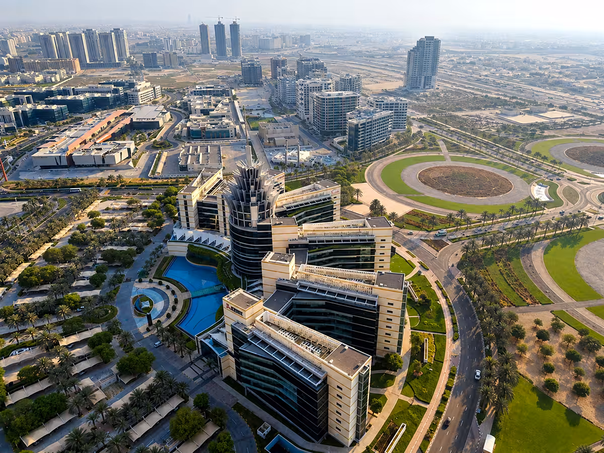 Aerial view of Dubai Silicon Oasis buildings, roads and landscaped grounds