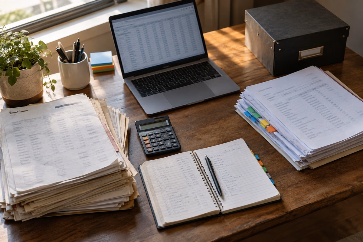 A finance worktable with legacy records, a ledger on a laptop and reconciled reports for system migration