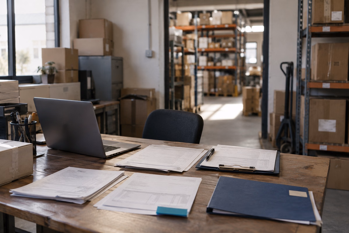 Supplier and customer documents on a worktable beside a warehouse
