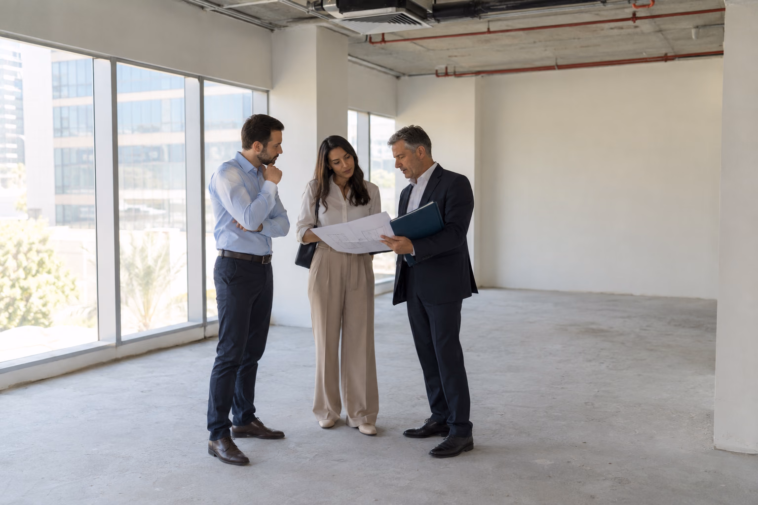 Entrepreneurs and an adviser reviewing a prospective commercial unit and floor plan