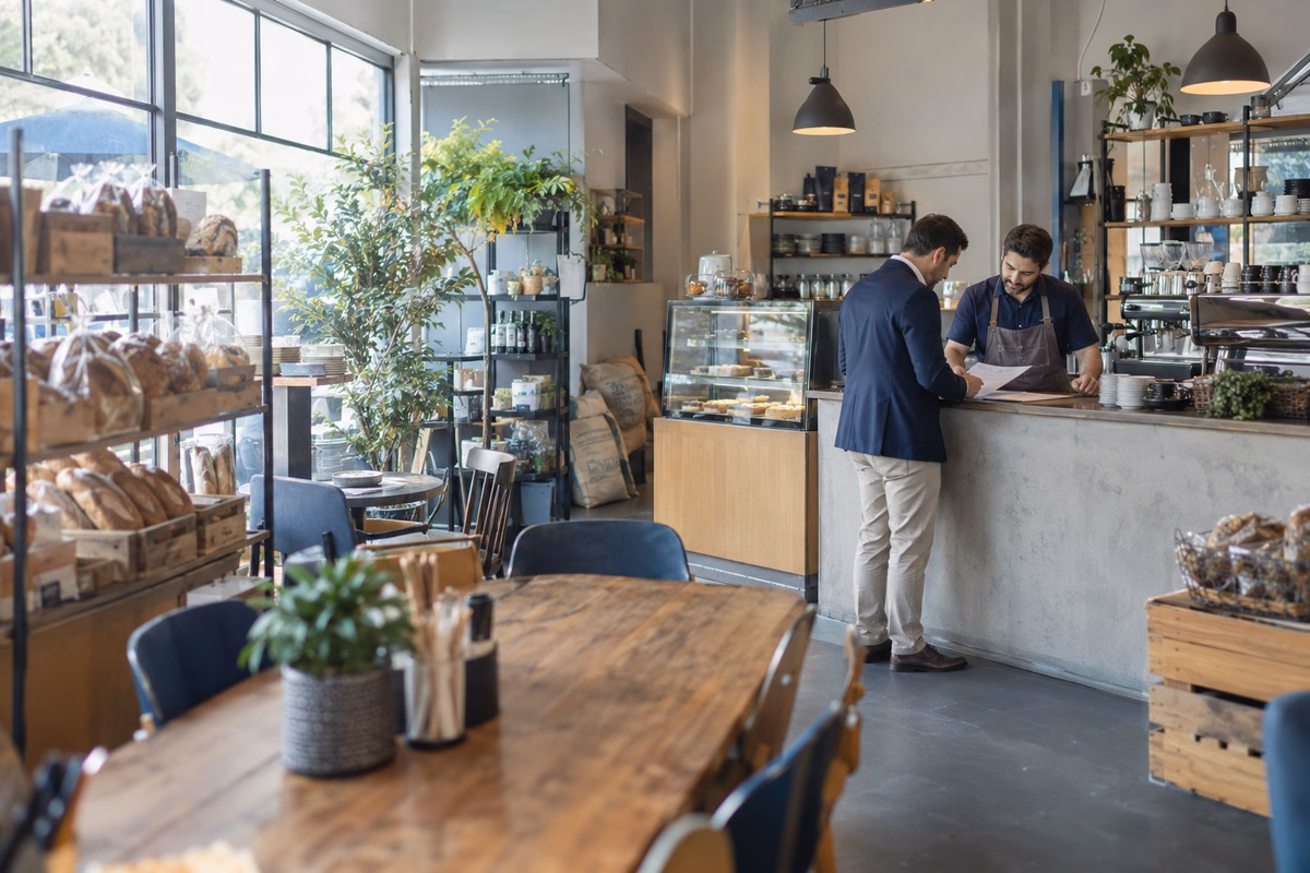 Business owner and adviser discussing records across a café counter