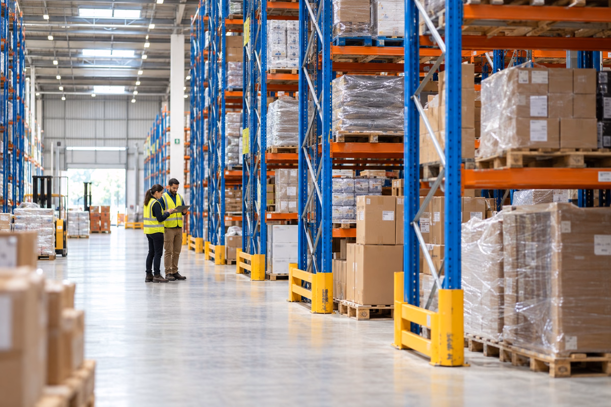 Two warehouse colleagues reviewing stock among blue pallet racks