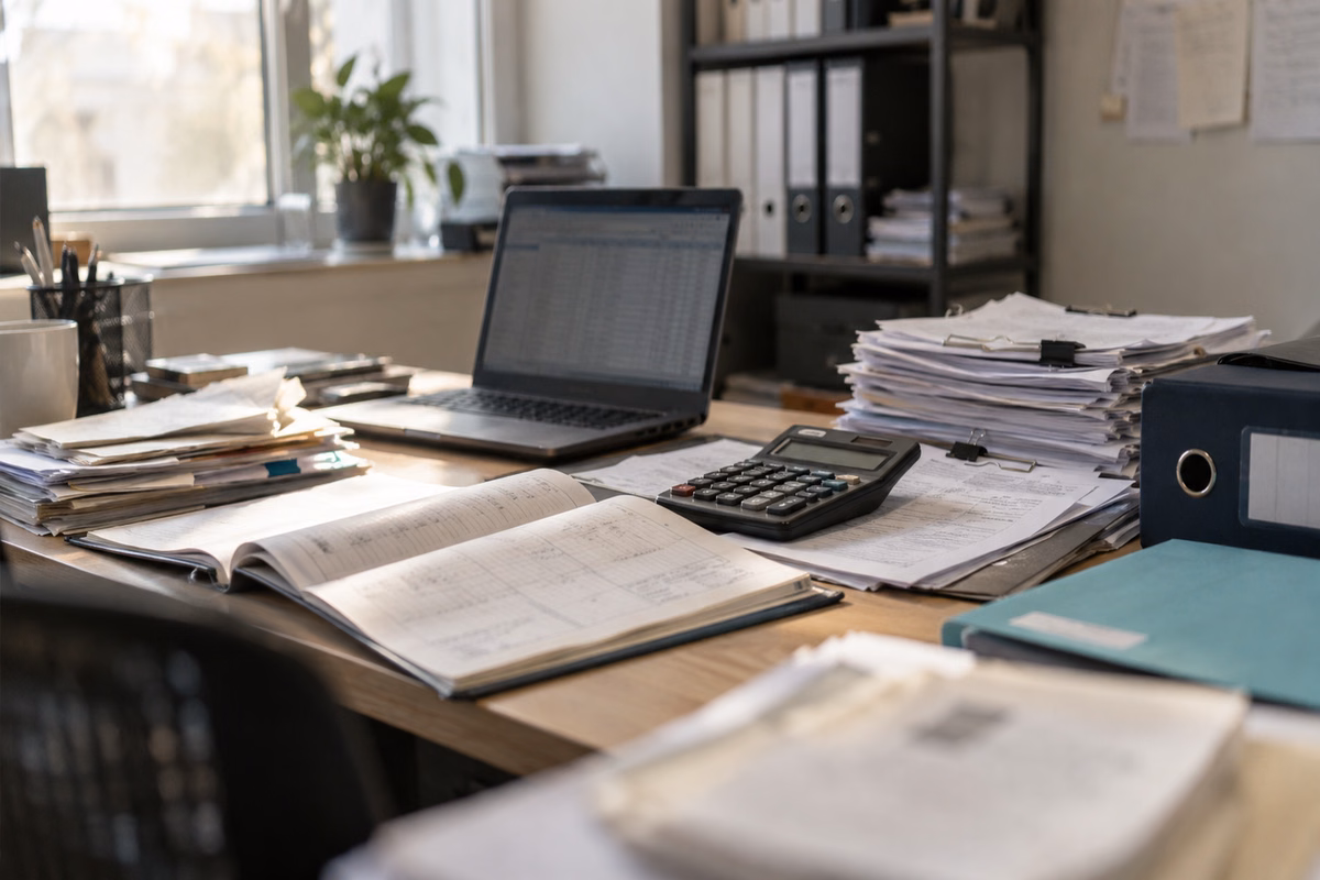 Ledger, calculator, invoices and archive folders on an accounting desk