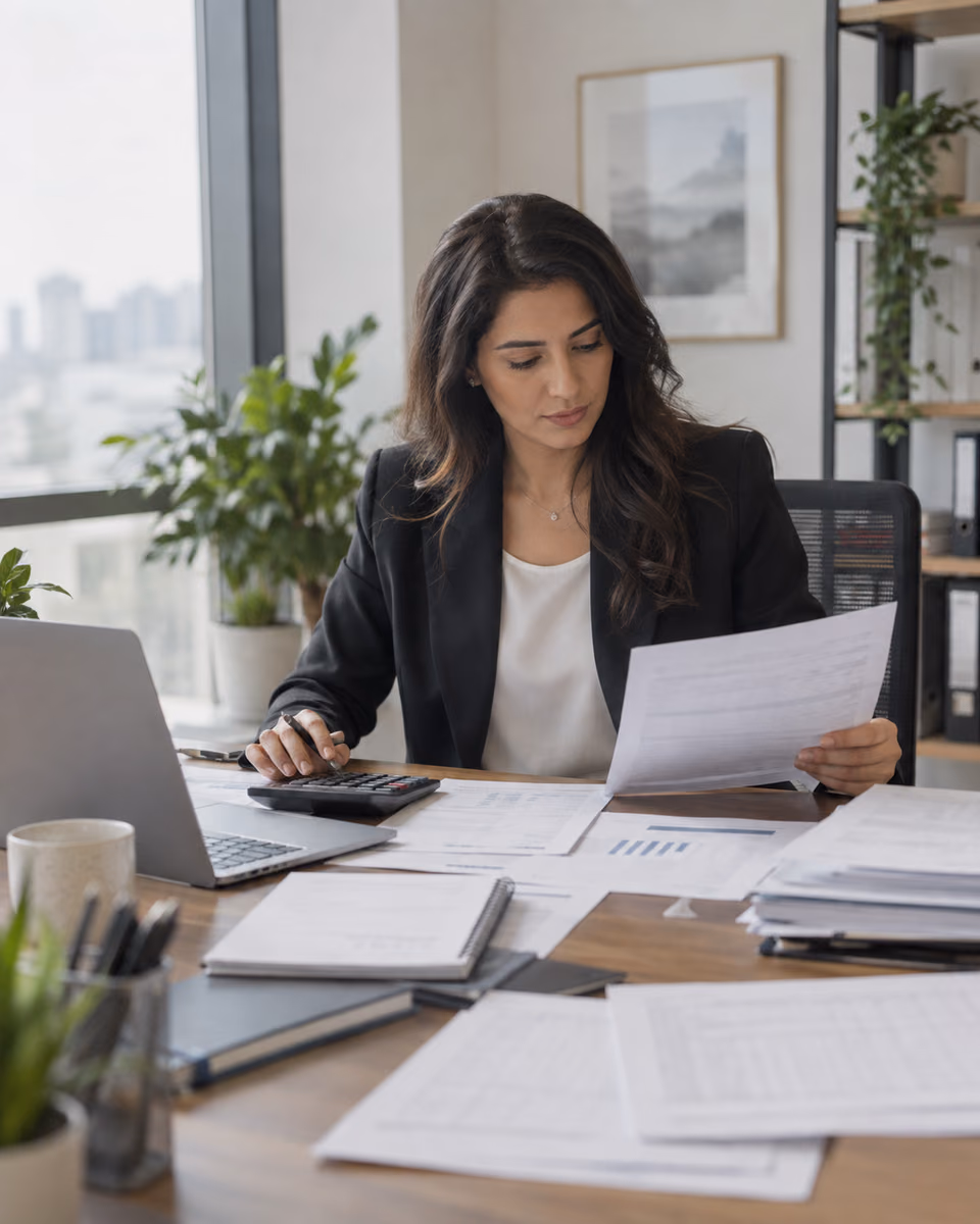 Finance professional reviewing year-end statements and tax adjustment schedules at a desk