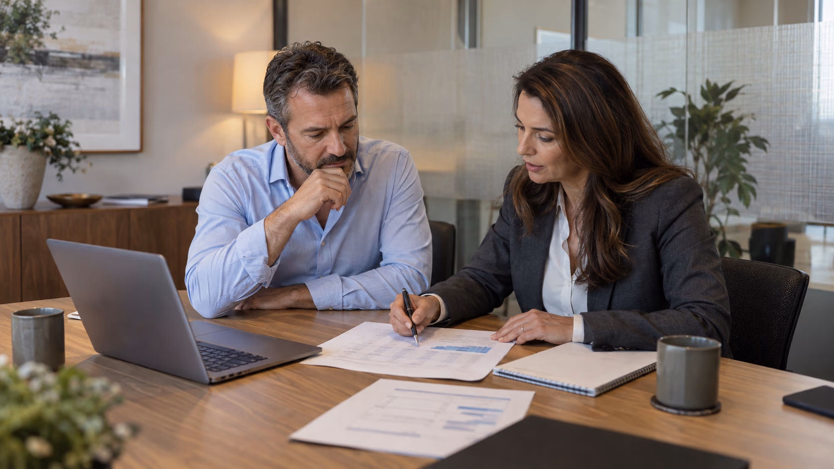 Business owner and financial adviser discussing a report in a naturally lit office