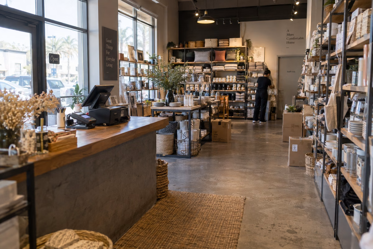 Retail store with checkout, shelves and stock records feeding a monthly management report