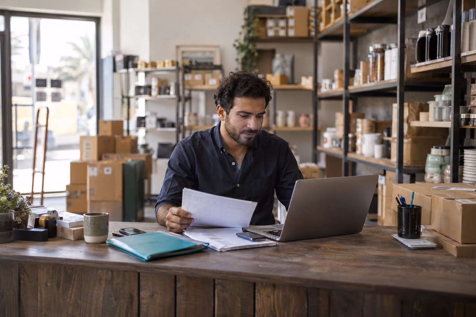 New business owner reviewing supplier invoices and inventory records in a showroom