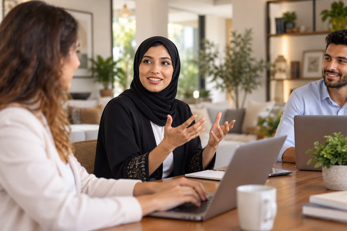Business professionals discussing a review around laptops