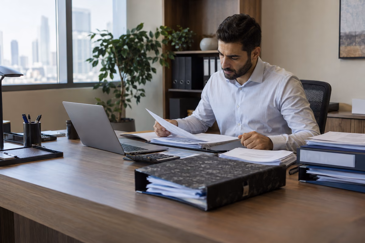 Accountant organising final financial statements and tax records