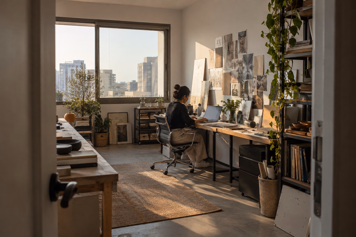 Independent professional working at a desk in a UAE studio