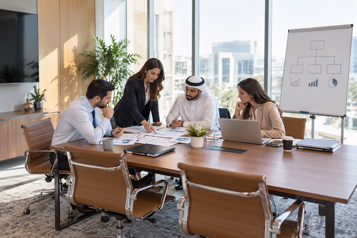 Four finance professionals comparing financial records of related companies at a conference table