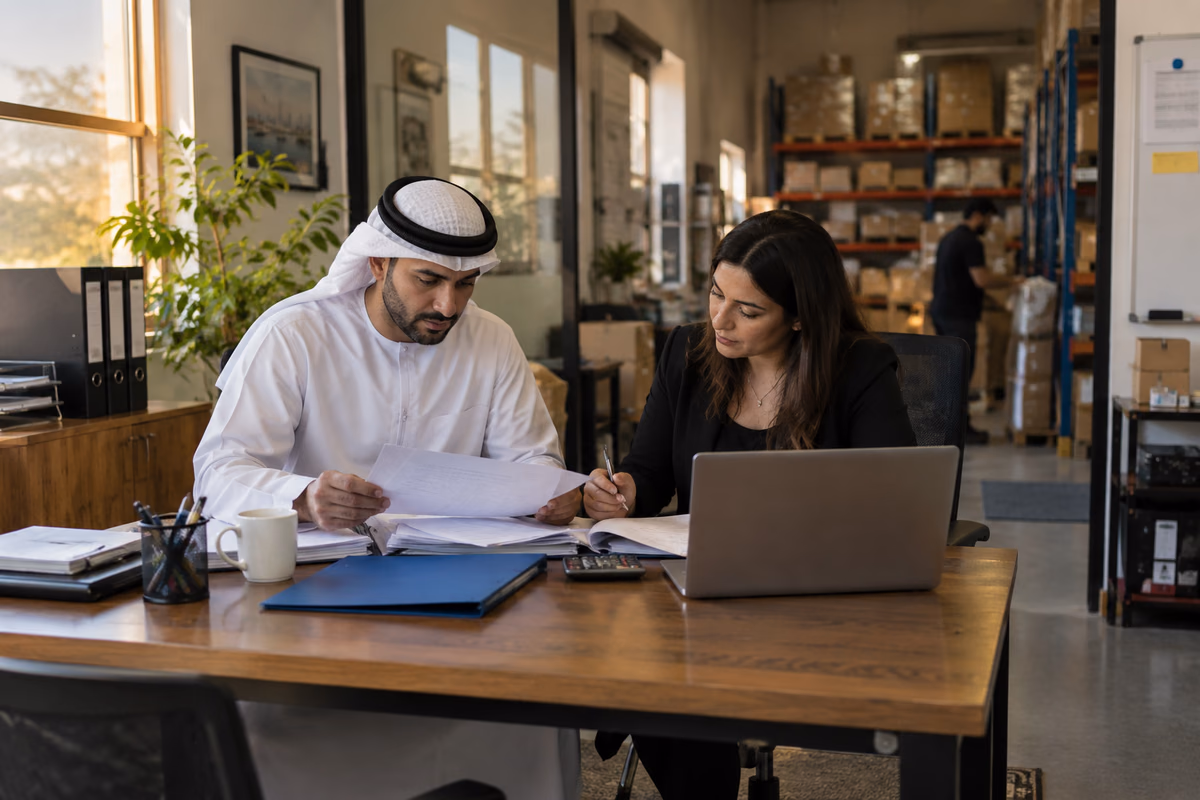UAE business owner and finance adviser reviewing year-end records in a trading company office