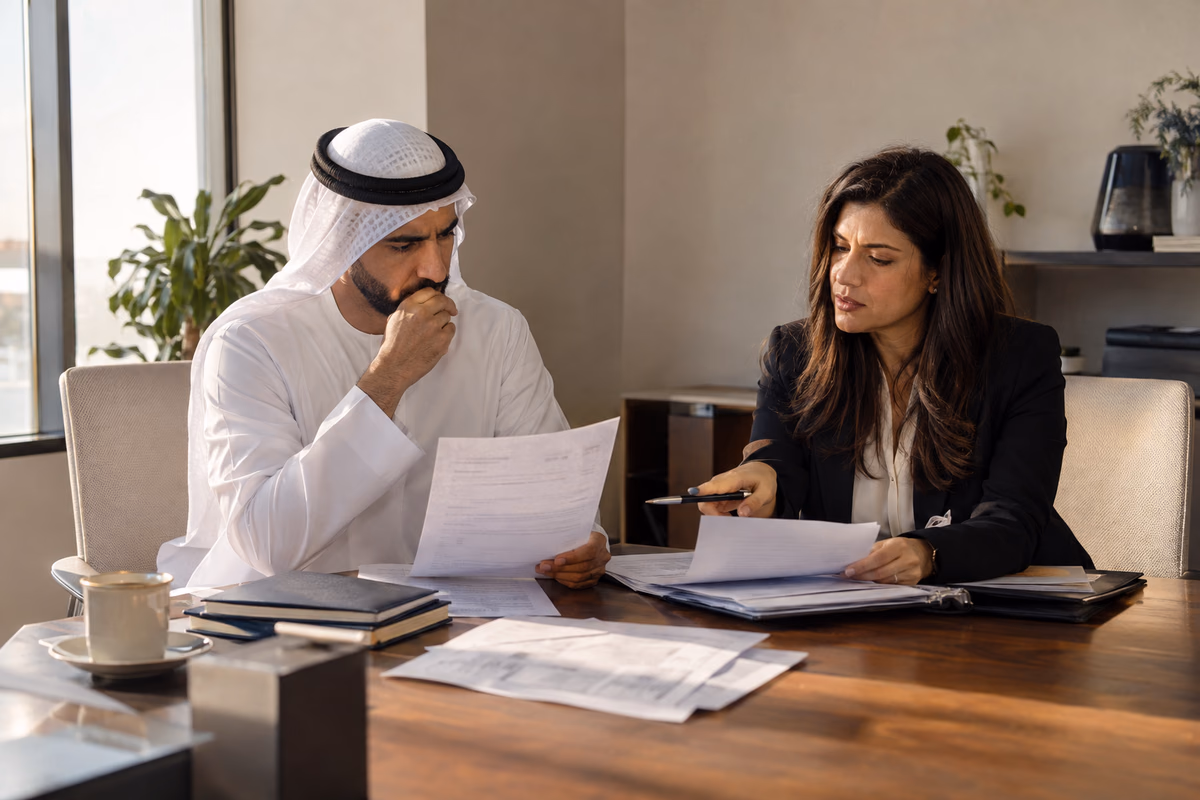 Business owner and finance adviser reviewing a tax notice and supporting accounting records