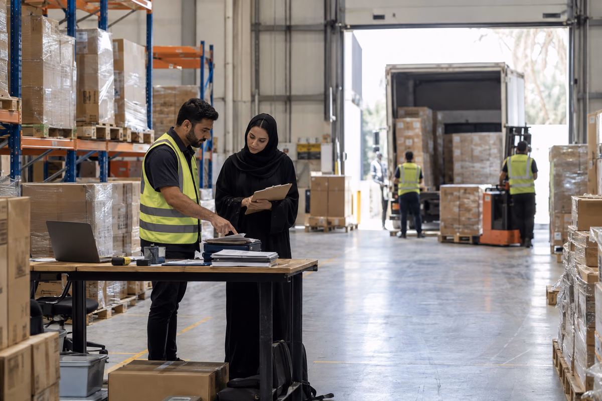 Warehouse team reviewing shipment records beside stored goods and a loading bay