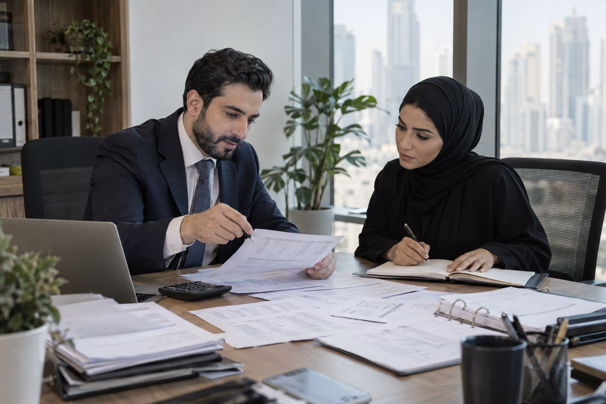 Finance professionals reviewing VAT returns and purchase records in an office